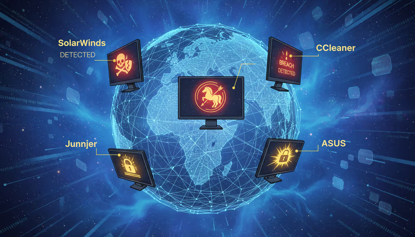 Global cyberattack map with marked incidents: SolarWinds, Juniper, CCleaner, ASUS